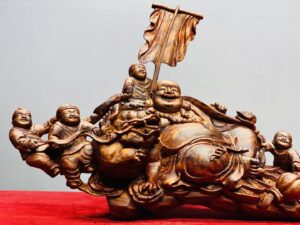 Di Lạc Ngũ Phúc Vác Gậy Như Ý Bên Nghê Gỗ Sưa