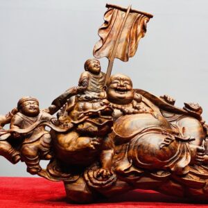 Di Lạc Ngũ Phúc Vác Gậy Như Ý Bên Nghê Gỗ Sưa