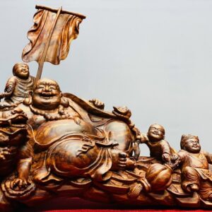 Di Lạc Ngũ Phúc Vác Gậy Như Ý Bên Nghê Gỗ Sưa