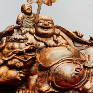 Di Lạc Ngũ Phúc Vác Gậy Như Ý Bên Nghê Gỗ Sưa