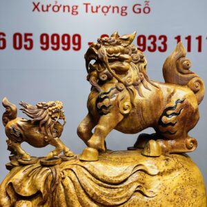 Hoả Kỳ Lân Mẫu Tử Đứng Boa Tiền Gỗ Nu Ngọc Am