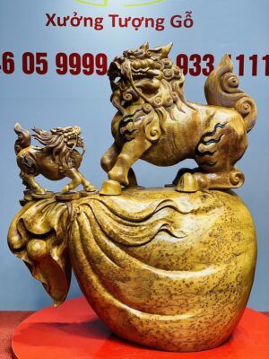 Hoả Kỳ Lân Mẫu Tử Đứng Boa Tiền Gỗ Nu Ngọc Am