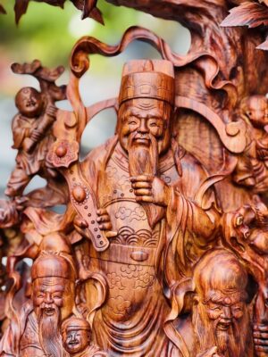 Tượng Phúc Lộc Thọ Hoa Phù Dung Gỗ Sưa