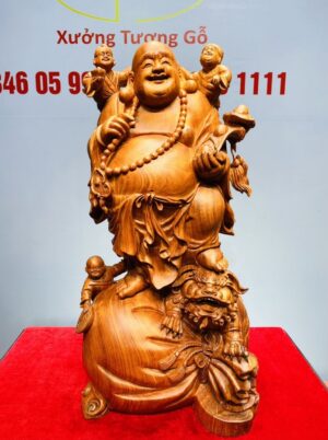 Di Lạc Cầm Gậy Như Ý Tam Tiểu Đứng Nghê Bao Tiền Gỗ Hương Đá