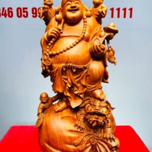 Di Lạc Cầm Gậy Như Ý Tam Tiểu Đứng Nghê Bao Tiền Gỗ Hương Đá