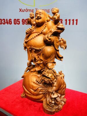 Di Lạc Cầm Gậy Như Ý Tam Tiểu Đứng Nghê Bao Tiền Gỗ Hương Đá