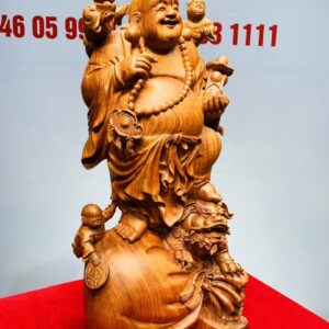 Di Lạc Cầm Gậy Như Ý Tam Tiểu Đứng Nghê Bao Tiền Gỗ Hương Đá