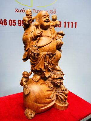 Di Lạc Cầm Gậy Như Ý Tam Tiểu Đứng Nghê Bao Tiền Gỗ Hương Đá