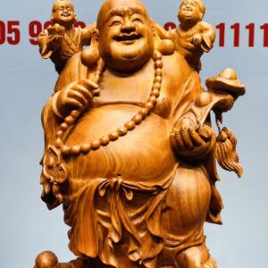 Di Lạc Cầm Gậy Như Ý Tam Tiểu Đứng Nghê Bao Tiền Gỗ Hương Đá
