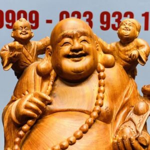 Di Lạc Cầm Gậy Như Ý Tam Tiểu Đứng Nghê Bao Tiền Gỗ Hương Đá