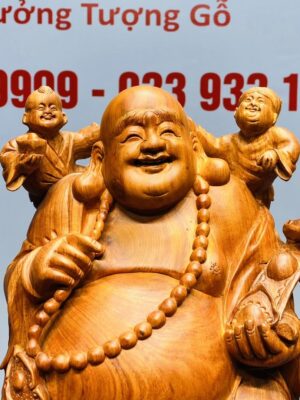 Di Lạc Cầm Gậy Như Ý Tam Tiểu Đứng Nghê Bao Tiền Gỗ Hương Đá
