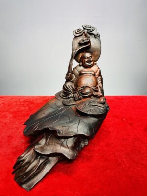 Di Lạc Cầm Gậy Như Ý Ngồi Lá Sen Gỗ Trắc