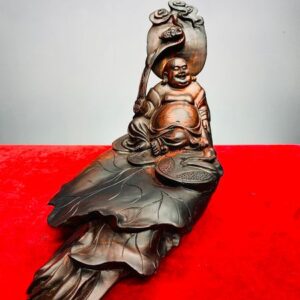 Di Lạc Cầm Gậy Như Ý Ngồi Lá Sen Gỗ Trắc