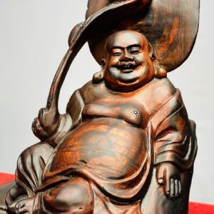 Di Lạc Cầm Gậy Như Ý Ngồi Lá Sen Gỗ Trắc