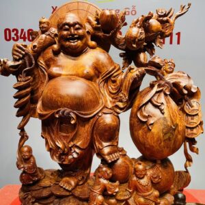 Di Lạc Ngũ Tiểu Vác Cành Đào Kéo Bao Tiền Gỗ Nu Hương