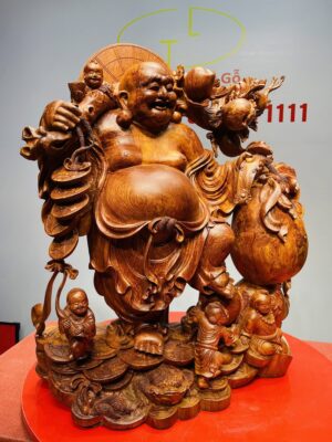 Di Lạc Ngũ Tiểu Vác Cành Đào Kéo Bao Tiền Gỗ Nu Hương