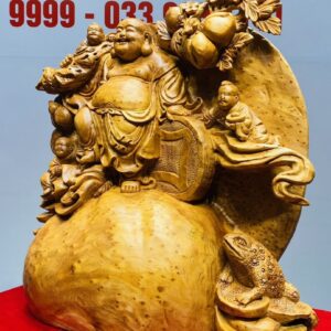 Di Lạc Tam Tiểu Vác Cành Đào Đứng Bao Tiền Gỗ Nu Ngọc Am