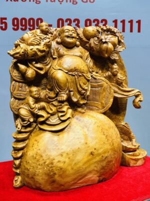 Di Lạc Tam Tiểu Vác Cành Đào Đứng Bao Tiền Gỗ Nu Ngọc Am