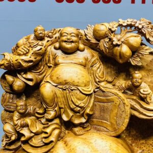 Di Lạc Tam Tiểu Vác Cành Đào Đứng Bao Tiền Gỗ Nu Ngọc Am
