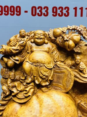 Di Lạc Tam Tiểu Vác Cành Đào Đứng Bao Tiền Gỗ Nu Ngọc Am