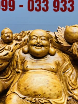 Di Lạc Tam Tiểu Vác Cành Đào Đứng Bao Tiền Gỗ Nu Ngọc Am