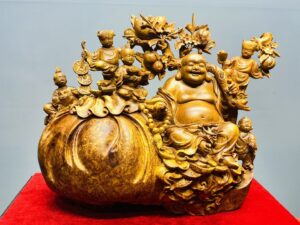 Di Lạc Ngũ Tiểu Vác Cành Đào Ngồi Bao Tiền Gỗ Nu Hương