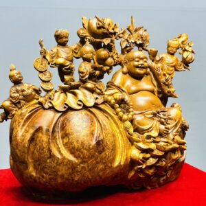 Di Lạc Ngũ Tiểu Vác Cành Đào Ngồi Bao Tiền Gỗ Nu Hương