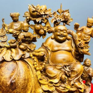 Di Lạc Ngũ Tiểu Vác Cành Đào Ngồi Bao Tiền Gỗ Nu Hương