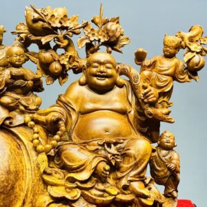 Di Lạc Ngũ Tiểu Vác Cành Đào Ngồi Bao Tiền Gỗ Nu Hương