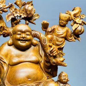Di Lạc Ngũ Tiểu Vác Cành Đào Ngồi Bao Tiền Gỗ Nu Hương
