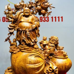 Di Lạc Vác Cành Đào Ngũ Tiểu Nhất Nghê Đứng Bao TIền Gỗ Nu Hương