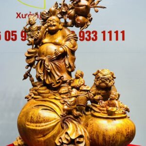 Di Lạc Vác Cành Đào Ngũ Tiểu Nhất Nghê Đứng Bao TIền Gỗ Nu Hương