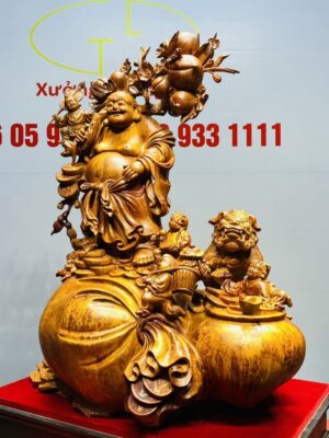 Di Lạc Vác Cành Đào Ngũ Tiểu Nhất Nghê Đứng Bao TIền Gỗ Nu Hương
