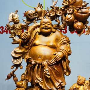 Di Lạc Vác Cành Đào Ngũ Tiểu Nhất Nghê Đứng Bao TIền Gỗ Nu Hương