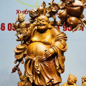 Di Lạc Vác Cành Đào Ngũ Tiểu Nhất Nghê Đứng Bao TIền Gỗ Nu Hương