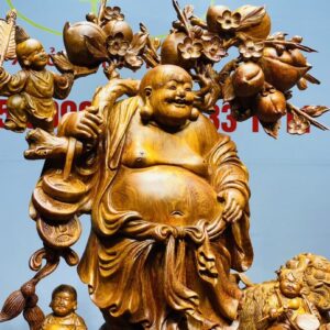 Di Lạc Vác Cành Đào Ngũ Tiểu Nhất Nghê Đứng Bao TIền Gỗ Nu Hương
