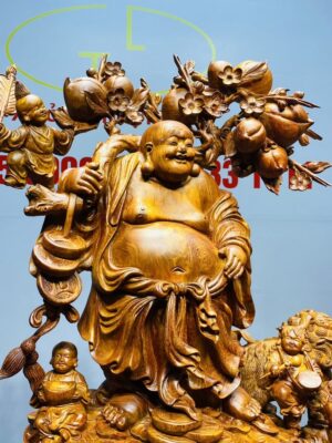 Di Lạc Vác Cành Đào Ngũ Tiểu Nhất Nghê Đứng Bao TIền Gỗ Nu Hương