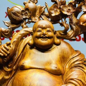 Di Lạc Vác Cành Đào Ngũ Tiểu Nhất Nghê Đứng Bao TIền Gỗ Nu Hương