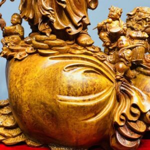 Di Lạc Vác Cành Đào Ngũ Tiểu Nhất Nghê Đứng Bao TIền Gỗ Nu Hương