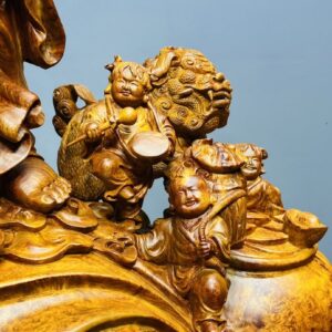 Di Lạc Vác Cành Đào Ngũ Tiểu Nhất Nghê Đứng Bao TIền Gỗ Nu Hương
