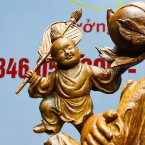 Di Lạc Vác Cành Đào Ngũ Tiểu Nhất Nghê Đứng Bao TIền Gỗ Nu Hương