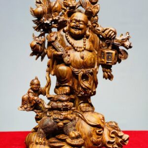 Di Lạc Nhị Tiểu Vác Cành Đào Đứng Bao Tiền Gỗ Sưa