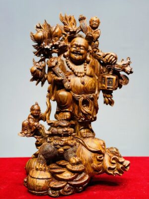 Di Lạc Nhị Tiểu Vác Cành Đào Đứng Bao Tiền Gỗ Sưa