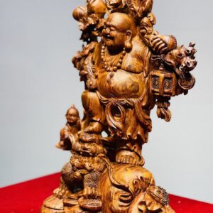 Di Lạc Nhị Tiểu Vác Cành Đào Đứng Bao Tiền Gỗ Sưa