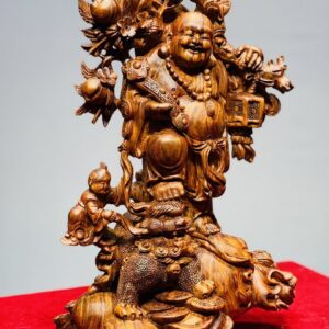 Di Lạc Nhị Tiểu Vác Cành Đào Đứng Bao Tiền Gỗ Sưa