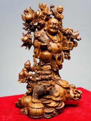 Di Lạc Nhị Tiểu Vác Cành Đào Đứng Bao Tiền Gỗ Sưa