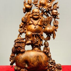 Di Lạc Vác Cành Đào Nhị Tiểu Nhất Nghê Đứng Bao Tiền Gỗ Sưa
