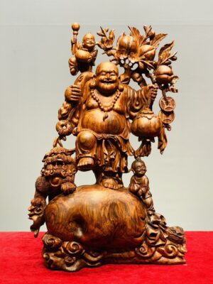 Di Lạc Vác Cành Đào Nhị Tiểu Nhất Nghê Đứng Bao Tiền Gỗ Sưa