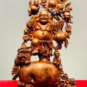 Di Lạc Vác Cành Đào Nhị Tiểu Nhất Nghê Đứng Bao Tiền Gỗ Sưa