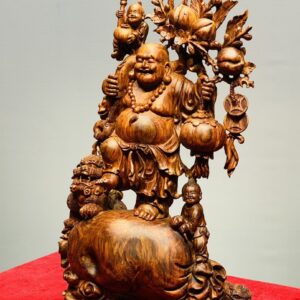 Di Lạc Vác Cành Đào Nhị Tiểu Nhất Nghê Đứng Bao Tiền Gỗ Sưa